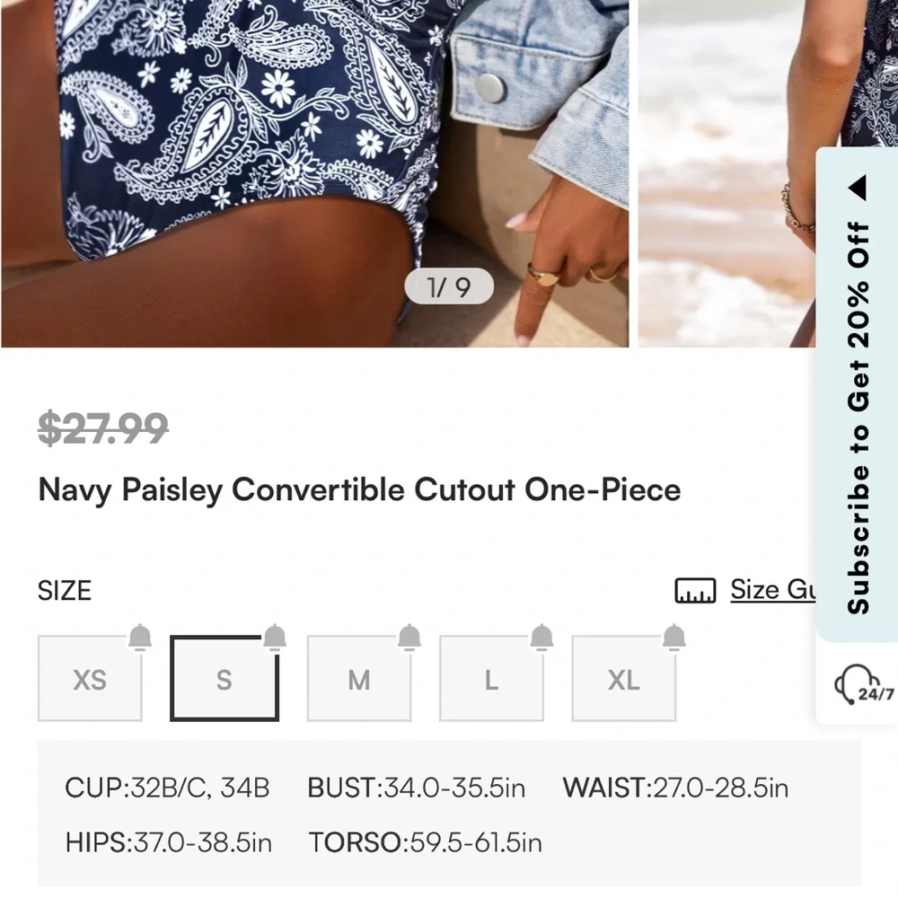 NWT Small Cupshe Swim Navy White Paisley Convertible Cutout One Piece Swimsuit